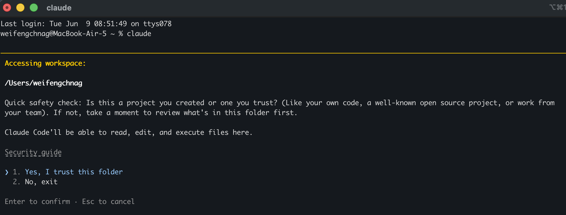 Claude Code workspace trust prompt in Terminal