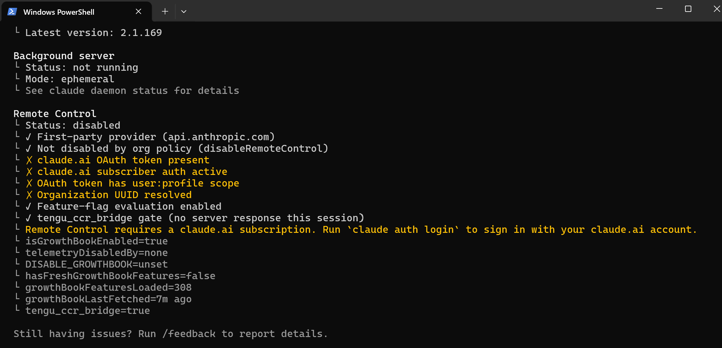 Windows PowerShell claude doctor authentication warning