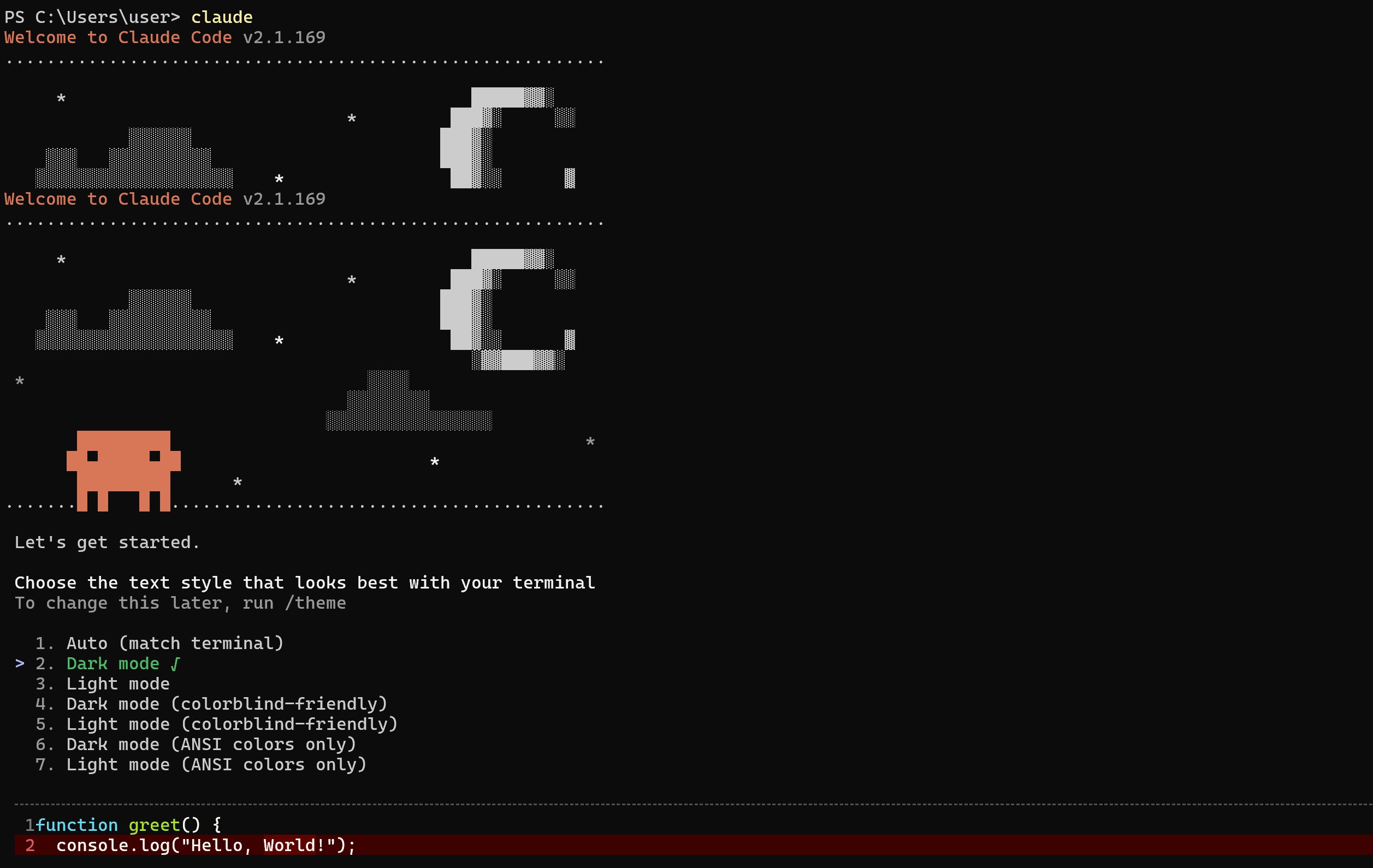 Windows PowerShell with Claude Code first launch screen